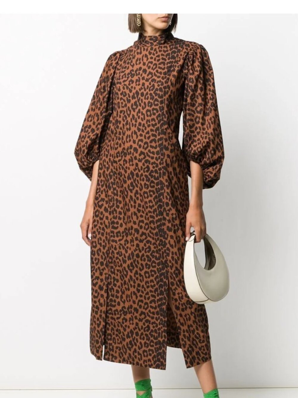 GANNI Leopard Print Organic Cotton-poplin Midi Dress Toffee 32